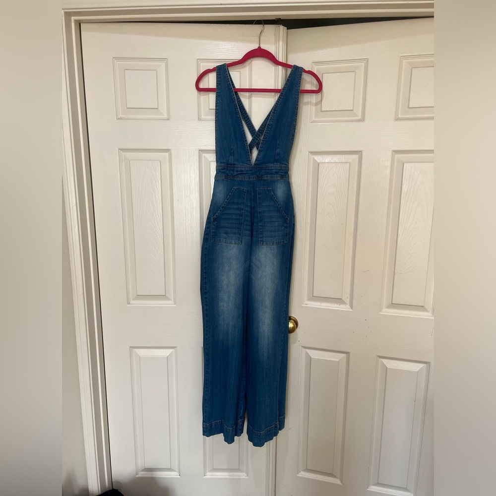 Dollhouse Denim  Jumpsuit Wide Leg Crisscross Back Hipster Western Country Sz 26
